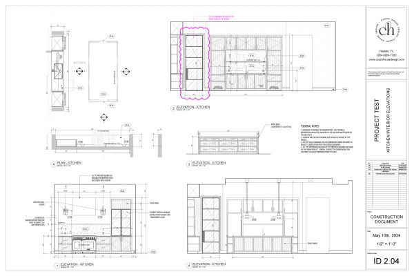 Kitchen interior elevation architectural drawing with detailed measurements.