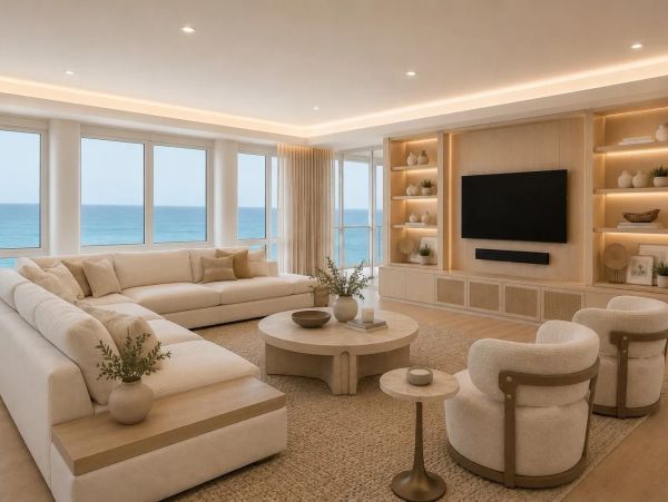 Elegant coastal living room with ocean view.