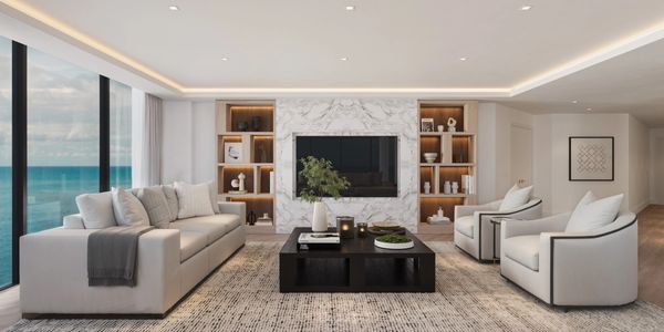 Modern living room with ocean view and elegant décor.