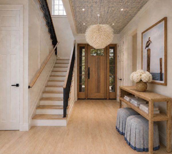 Elegant entryway with wooden door and stylish decor.