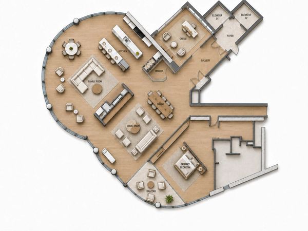 Floor plan of a spacious apartment with labeled rooms.