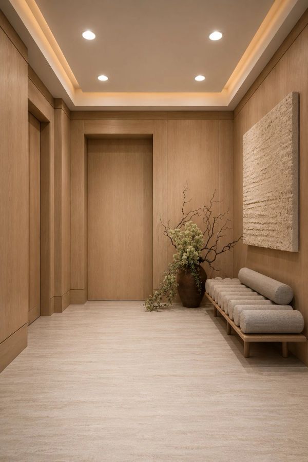 Minimalist hallway with wooden walls and modern bench.
