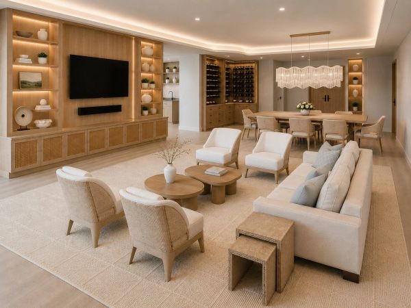 Modern beige living room with elegant wooden furniture and built-in shelves.