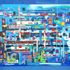 Tetris Undone Blue painted background with multicolored various shaped mosaic tiles arranged loosely