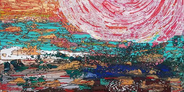 Event Horizon Painting with large pink swirling vortex at the top & a multi-color landscape below