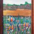 School of Fish A painting of a rocky shore with fish and reeds below. Some of the fish paper cutouts