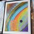 Sun Over the Rainbow Abstract painting with detailed red sun, intricate rainbow, moon, and clouds