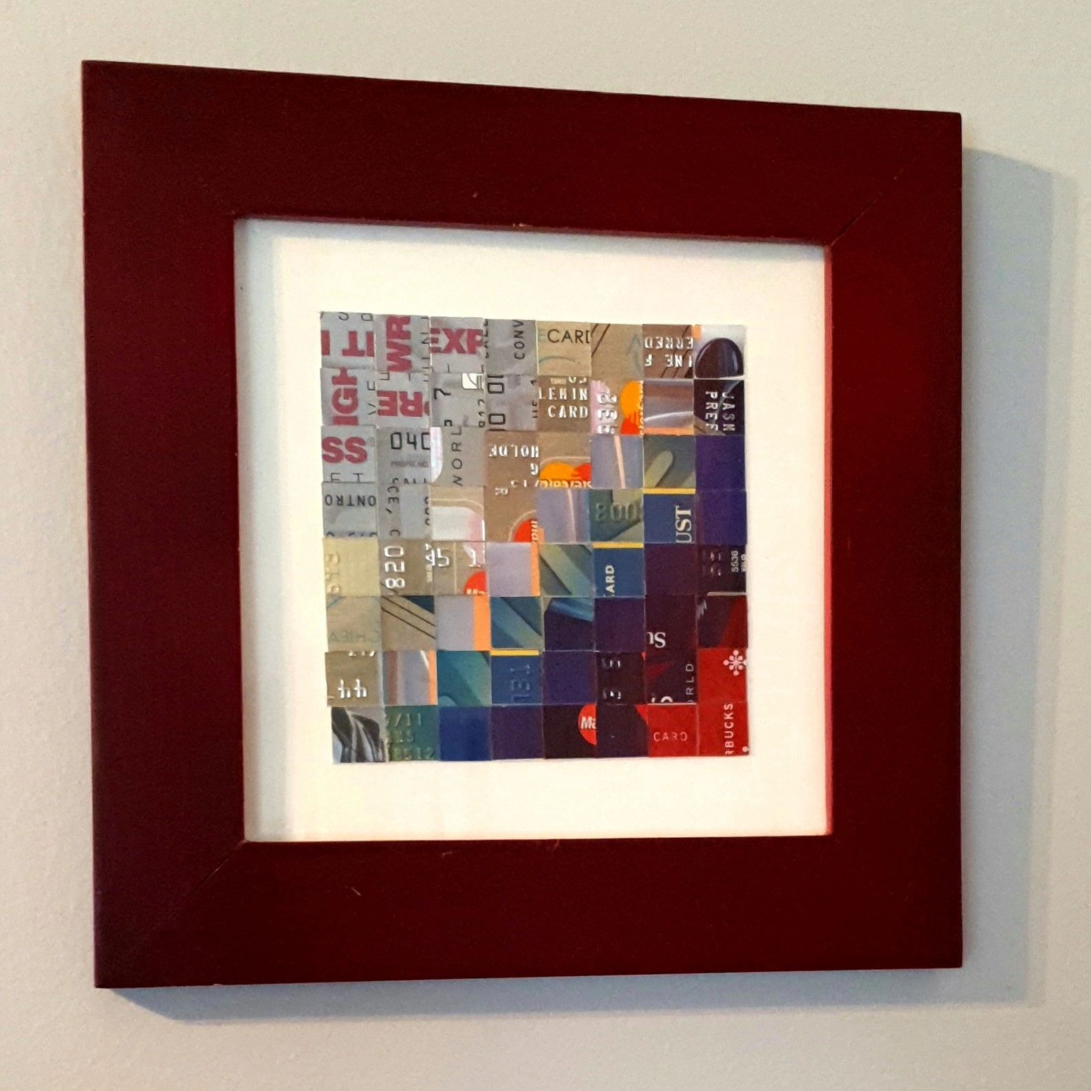 Credit Cubed 1 Mosaic made from upcycled membership and credit cards in a gradient