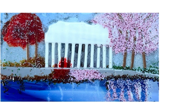 Painting of a white monument with red and pink trees by a reflective water body.
