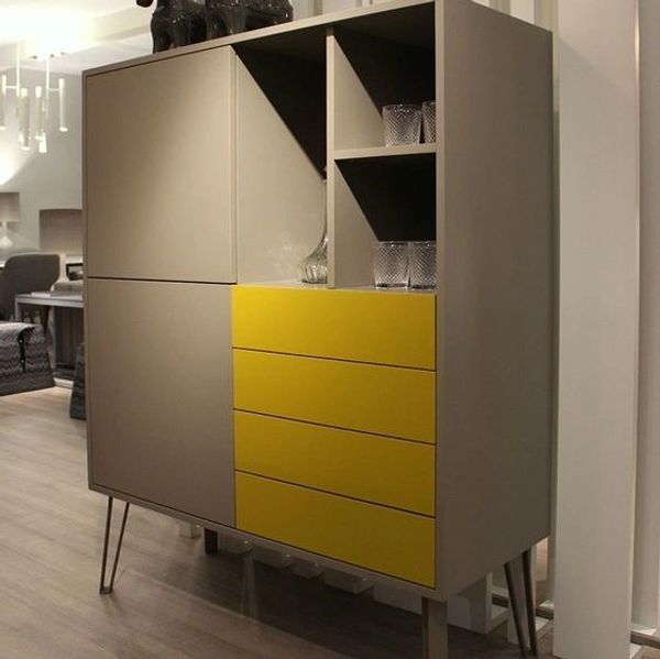 mocha brown /yellow color Chester unit with open shelving unit feature by modulas