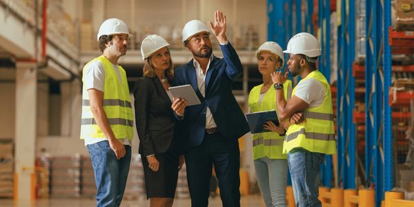 A group of five people, including workers and managers are planning a day in a warehouse.