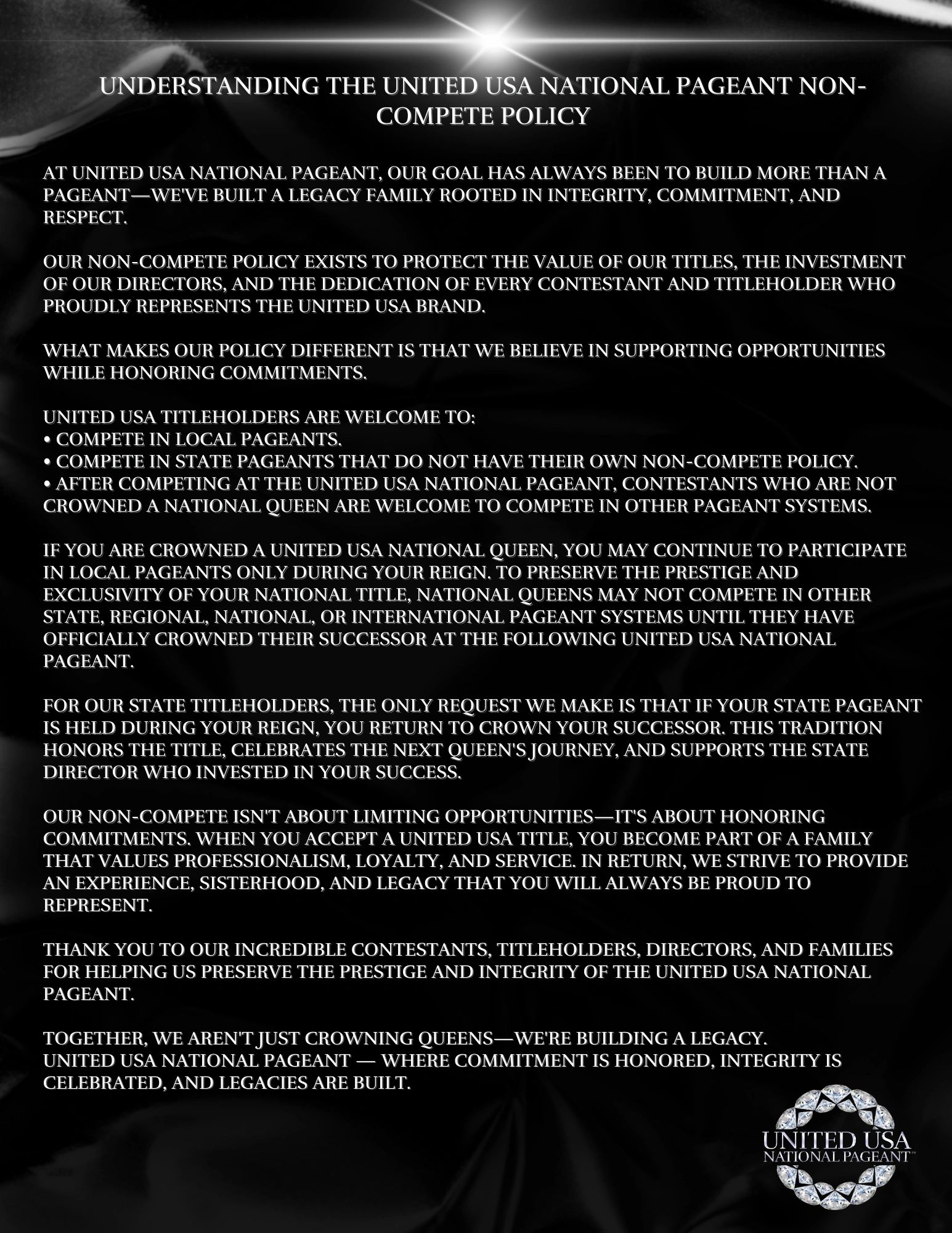United USA National Pageant non-compete policy explained.