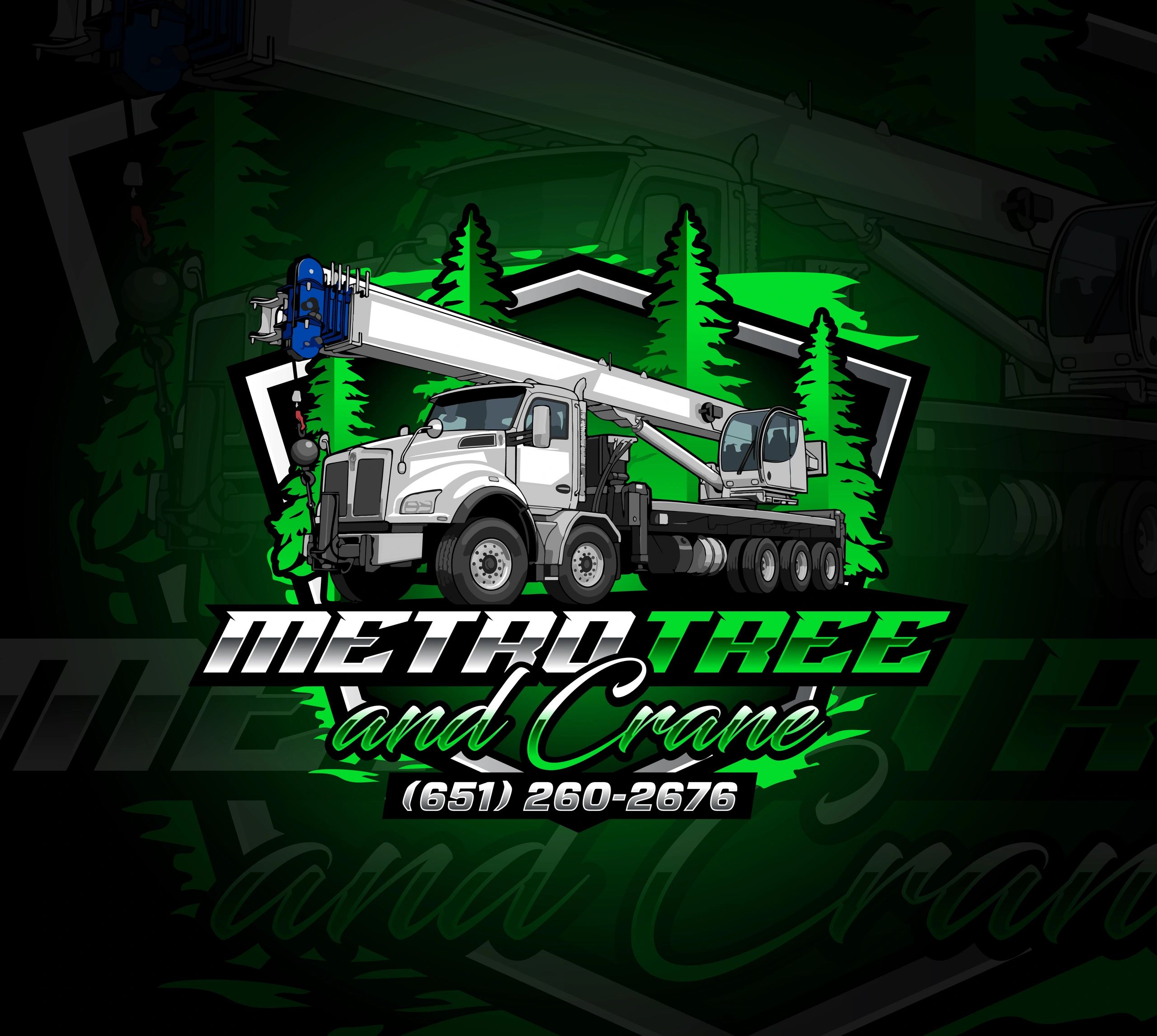 Logo for Metro Tree and Crane featuring a crane truck and pine trees. Tree Removal Tree Service 