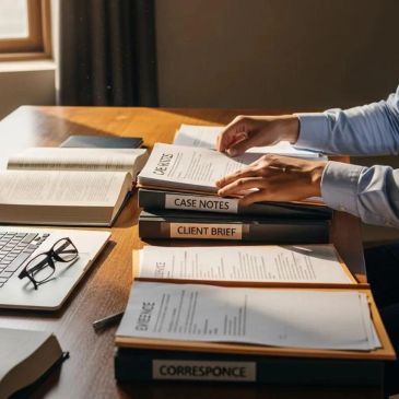 Person reviewing organized legal documents and case notes at a desk.