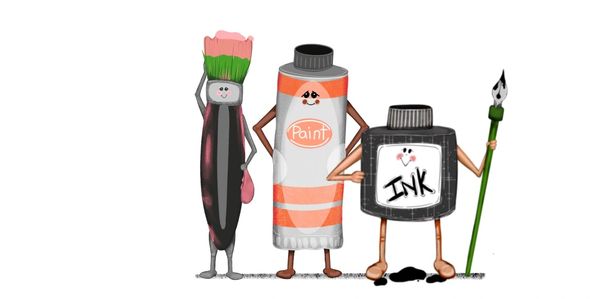 Three happy art supplies characters standing together: a paintbrush, a paint tube, and an ink bottle with a pen.