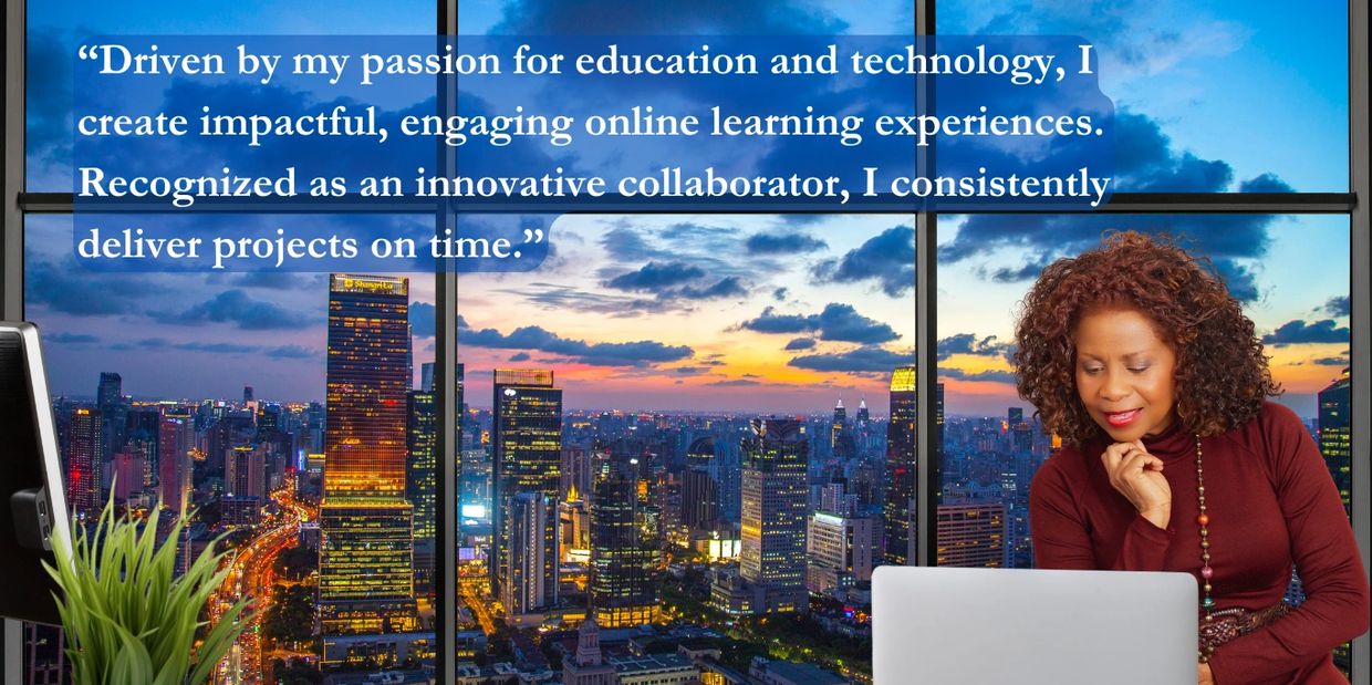 Image of Deborah Barnes reading from a laptop sitting on a desk with a cityscape as a backdrop.