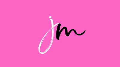 Minimalist pink background with a white signature-like design.