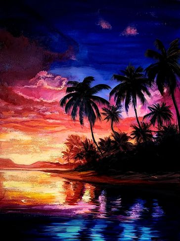 Vibrant tropical sunset with silhouetted palm trees reflecting on water.
