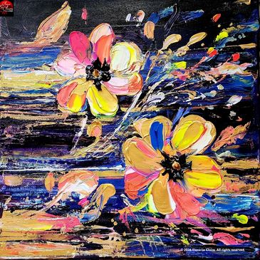 Abstract painting of colorful flowers with dynamic brush strokes on dark background.
