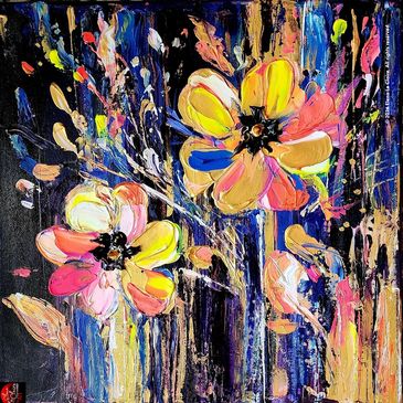 Abstract painting of colorful flowers with dynamic brush strokes on dark background.