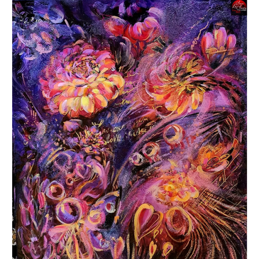 Vibrant abstract floral painting with swirling purple and yellow hues.
