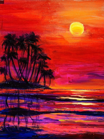 Vibrant painting of a tropical island sunset with palm trees and colorful reflections.