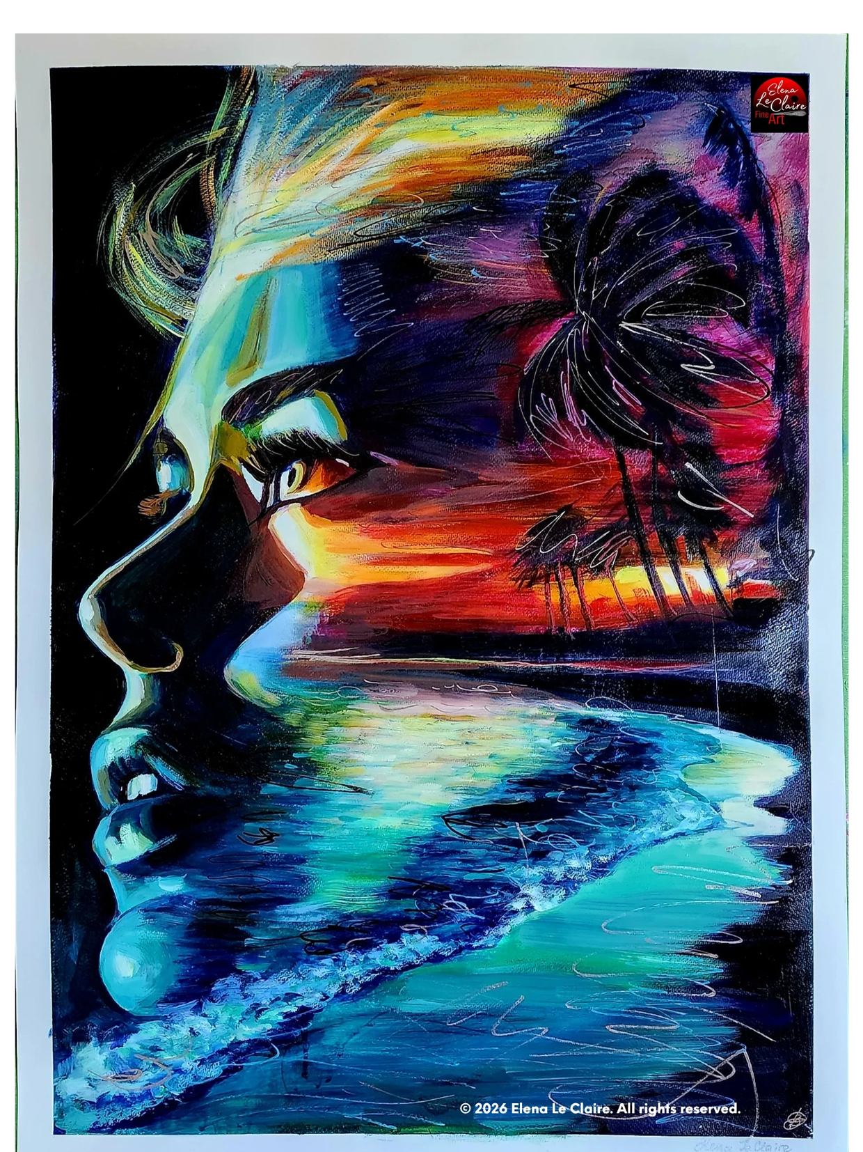 Surreal face blending with nature and sea.