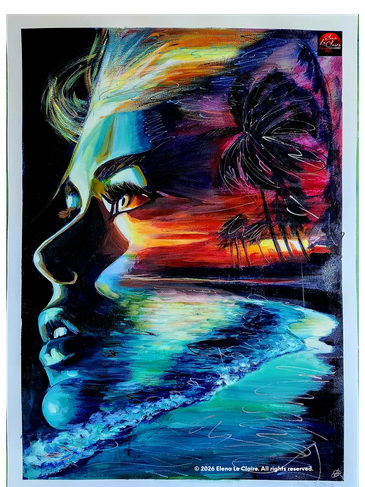 Surreal face blending with nature and sea.