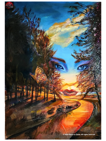 Surreal landscape with hidden face in the sky and trees.