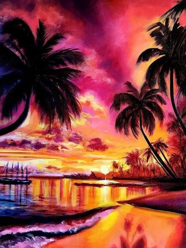 Vibrant tropical sunset with palm trees and colorful sky reflecting on water.