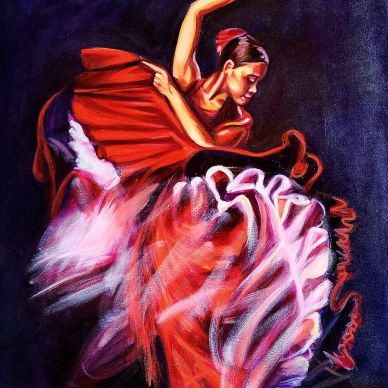 Vibrant painting of a flamenco dancer in motion.