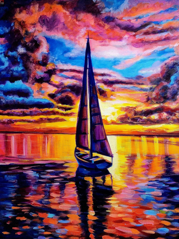 A sailboat glides on vibrant waters under a colorful sunset sky.