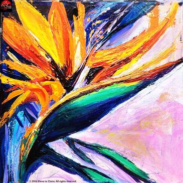 Vibrant abstract painting of a bird of paradise flower with bold colors and dynamic brushstrokes.