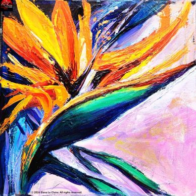 Vibrant abstract painting of orange and green floral design.
