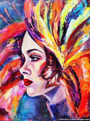 Colorful abstract portrait of a woman with vibrant feathered headdress.