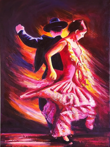 Vibrant painting of a passionate flamenco dance with swirling colors.