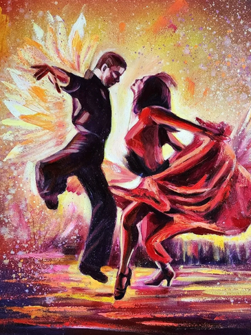 A vibrant painting of a dancing couple with fiery wings and dynamic motion.
