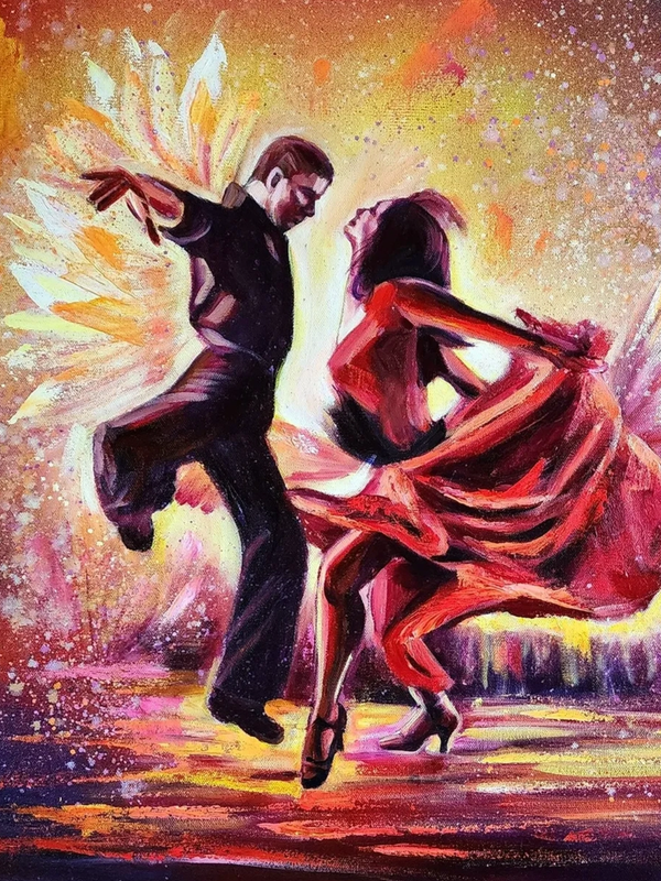 A vibrant painting of a dancing couple with fiery wings and dynamic motion.