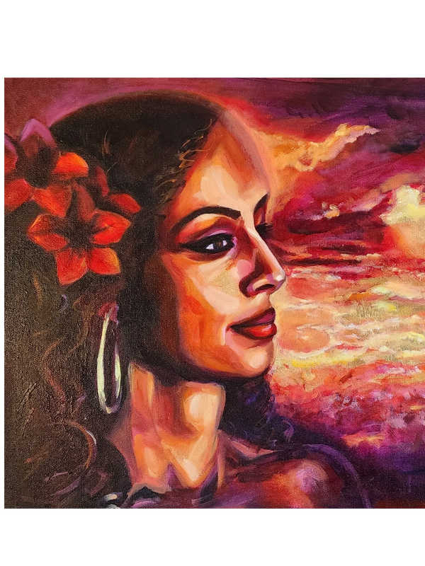 Portrait of a woman with a red flower in her hair.