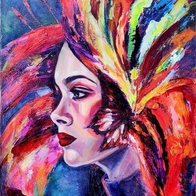 Colorful abstract portrait of a woman's face with vibrant feathers.