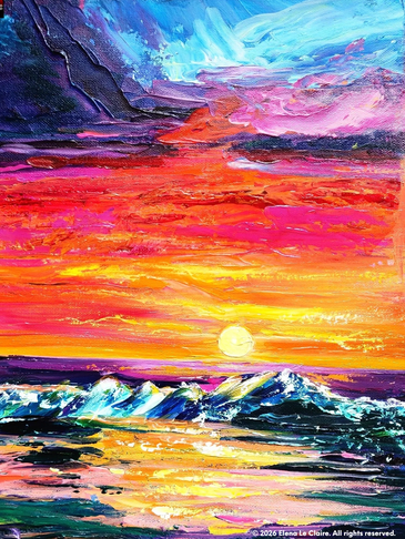 Vibrant sunset with colorful sky and ocean waves.