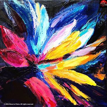Abstract vibrant painting with bold strokes of blue, yellow, pink, and black.