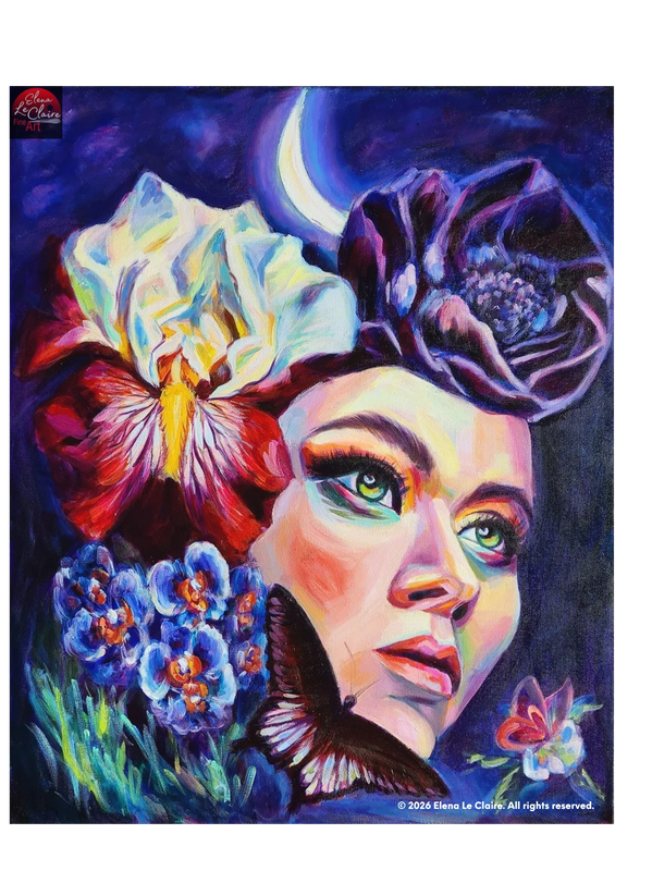 A vibrant portrait of a woman adorned with colorful flowers and a butterfly under a crescent moon.