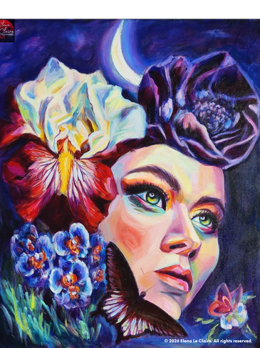 A vibrant portrait of a woman adorned with colorful flowers and a butterfly under a crescent moon.