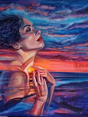 Surreal painting of a woman holding a glowing orb against a vivid sunset sky.