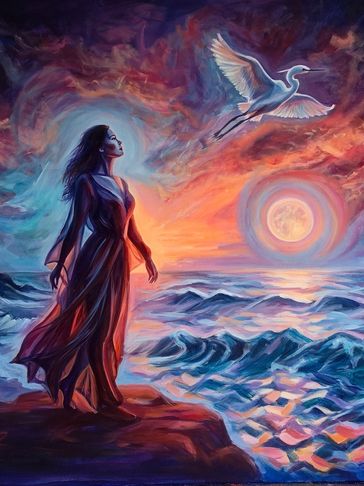A woman stands on the shore at sunset with a bird flying above the sea.
