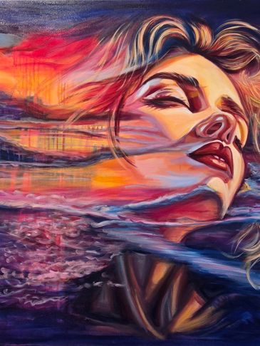 Surreal portrait of a woman blending with a vivid sunset and water reflections.