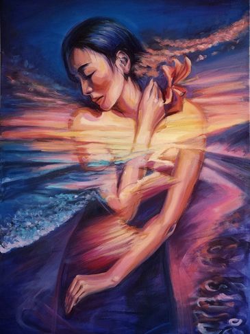Surreal painting of a woman blending with a sunset and ocean waves.