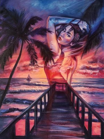 A surreal painting blending a woman and a tropical sunset landscape.
