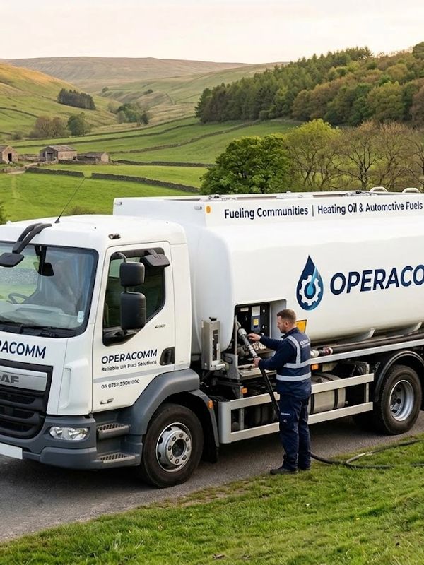 A worker refuels an Operacomm fuel truck in a green countryside.